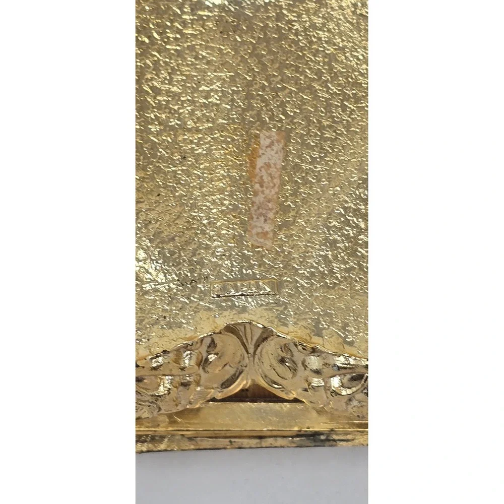 Vtg brass hinged jewelry box ceramic top velvet Victorian Japan Holly Hobbie